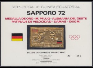 Äquatorialguinea Mi.Nr. A80 Olympia 72, Goldmedaille Pflug Goldmarke! (200+25)