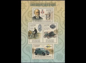 Burundi Mi.Nr. Klbg.2411-14 150Jahre Opel-Werke, A.Opel, Radfahrer, Opel-PKW