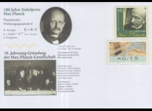 D,Bund MiNr.USo 464 Gedenkumschlag Nobelpreis f. Max Planck (WSt.MiNr.2658+ATM8)