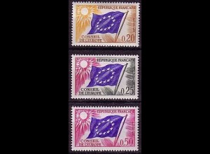 F,Europarat Dienst Mi.Nr. 7-9 Europafahne, Sonne (3 Werte, Sterne weiß)