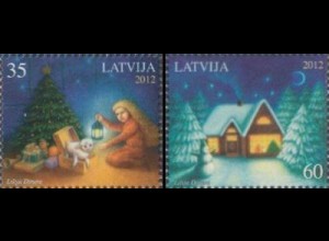 Lettland Mi.Nr. 853-54 Weihnachten, Kind mit Geschenken, Haus i.Schnee (2 Werte)