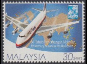 Malaysia Mi.Nr. 638A 50J.mal.Luftfahrtgesellschaften Boeing 747 ü.Weltkarte (30)