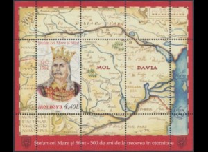 Moldawien Mi.Nr. Block 31 500.Todestag Stephan III, dem Großen, Landkarte