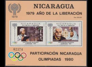 Nicaragua Mi.Nr. Block 113 Olymp. Sommerspiele Moskau, Albert Einstein, Gandhi 