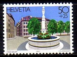 Schweiz Mi.Nr. 1428 HELVETIA GENEVE `90, Brunnen Place du Bourg-de-Four (50+25)