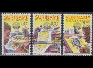Surinam Mi.Nr. 987-89 PHILEXFRANCE '82, Briefmarkenentwurf, -druck (3 Werte)