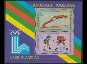 Togo Mi.Nr. Block 151 A Olymp. Winterspiele Lake Placid, Skispringen + Eishockey