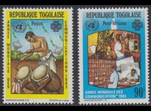 Togo Mi.Nr. 1645-46 Weltkommunikationsjahr, Trommler, Telefon, Brief (2 Werte)