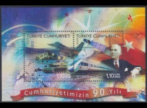 Türkei Mi.Nr. Block 109 90Jahre Türk.Republik, Atatürk, Flugzeug, D-Zug u.a.