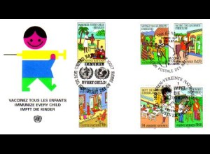 UNO Genf Mi.Nr. 160-61 + Wien 77-78 + NY 542-43 Kinderschutzimpfungen
