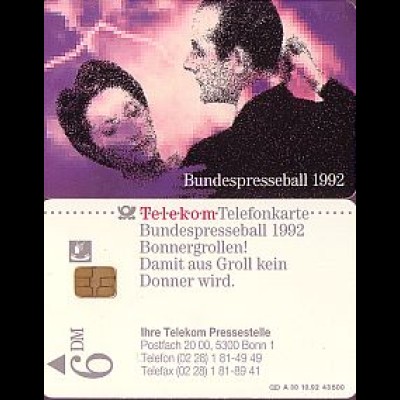 Telefonkarte A 30 10.92 Bundespresseball Bonn 1992 DD 1210, Aufl. 43500