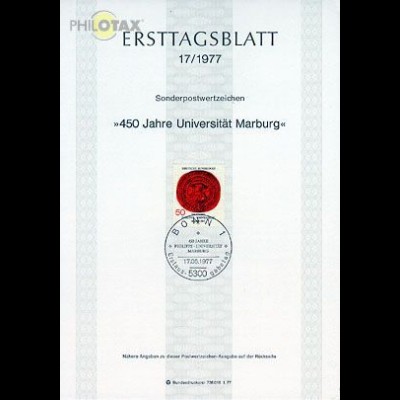 D,Bund Mi.Nr. 17/77 Universität Marburg (Marke MiNr.939)