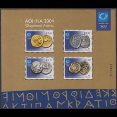 Griechenland Mi.Nr. Block 32 Olympia 2004 Athen, Olympioniken auf antiken Münzen