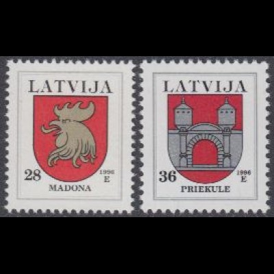 Lettland Mi.Nr. 438-39 Freim. Wappen, Madona und Priekule (2 Werte)
