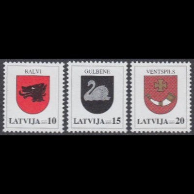 Lettland Mi.Nr. 584-86 Freim. Wappen, Balvi, Gulbene, Ventspils (3 Werte)