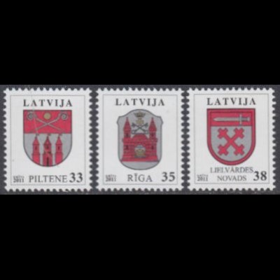 Lettland Mi.Nr. 824-26 Freim. Wappen, Piltene, Riga, Lielvarde (3 Werte)