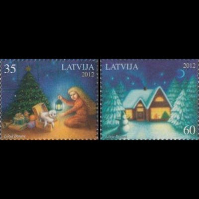 Lettland Mi.Nr. 853-54 Weihnachten, Kind mit Geschenken, Haus i.Schnee (2 Werte)