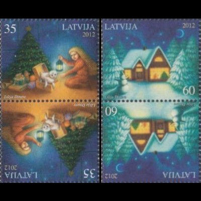 Lettland Mi.Nr. 853-54 Weihnachten, Kind, Gesch., Haus i.Schnee (2 Kehrdr.paare)