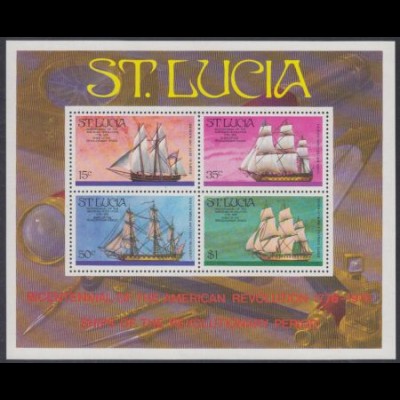 St. Lucia Mi.Nr. Block 8 200J. Unabhängigkeit der USA, Segelschiffe 