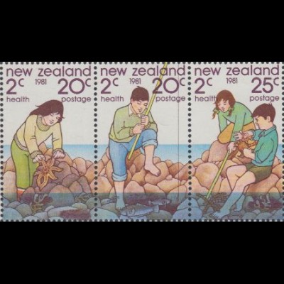 Neuseeland Mi.Nr. Zdr.828-30 Gesundheit, Kinder mit Seestern, beim Angeln 