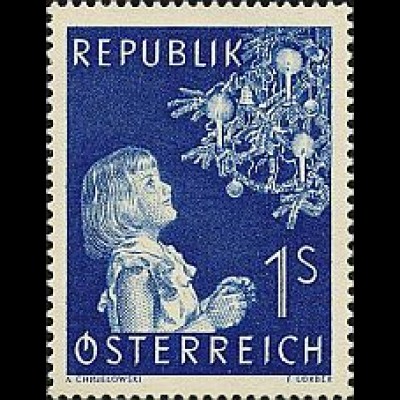 Österreich Mi.Nr. 1009 Weihnachten 1954, Mädchen vor Christbaum (1 dkl.blau)