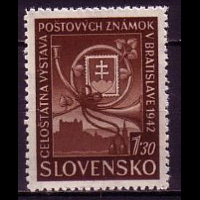 Slowakei Mi.Nr. 101 Briefmarkenausstellng, Posthorn, Burgruine, Wappen (1.30 Ks)