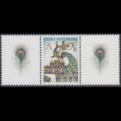 Tschechien Mi.Nr. 701Zf Grußmarke Tor mit Pfauenreiter, mit 2 Zierfeldern (A)