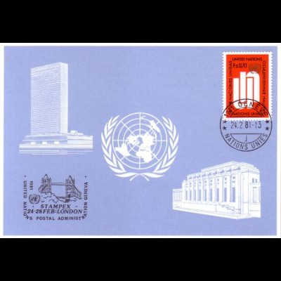 UNO Genf Blaue Karte Mi.Nr. 98 London, Stampex (24.-28.2.81)