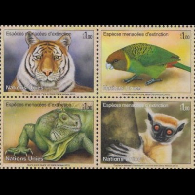 UNO Genf Mi.Nr. Zdr.790-93 Gefährdete Arten, Tiger, Papagei, Leguan, Sifaka 