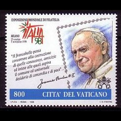 Vatikan Mi.Nr. 1256 Briefmarkenausst. ITALA 98, Papst Johannes Paul II. (800)