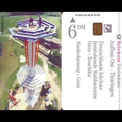 Telefonkarte A 24 08.94 Aufbau Ost - Thüringen, Nr.16 mm lang, DD2408,Aufl.50000