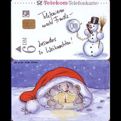 Telefonkarte A 34 11.94 Weihnachtskarte 94, Schneemann+ Mäuse, DD1411,Aufl.70000