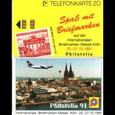 Telefonkarte K 605 10.91 Philatelia Köln, Lufthansa Flugzeug über Dom + Rhein