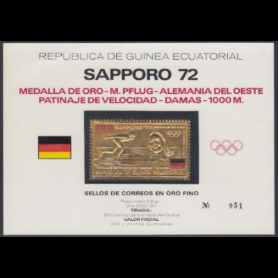 Äquatorialguinea Mi.Nr. 80 Olympia 72, Goldmedaille Pflug Goldmarke! (200+25)