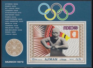 Ajman Mi.Nr. Block 98A Olympia 68, Sportler: Boxen, mexikanische Skulptur 