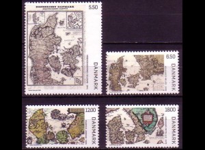 Dänemark Mi.Nr. 1534-37 Alte Landkarten von Dänemark (4 Werte)
