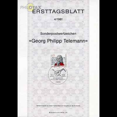 D,Bund Mi.Nr. 4/81 Georg Philipp Telemann (Marke MiNr.1085)