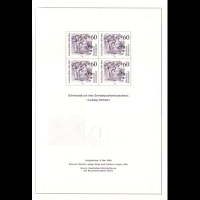 D,Bund Schwarzdruck der MiNr. 1213 im Viererblock, Ludwig Richter (MiNr. SD 9)