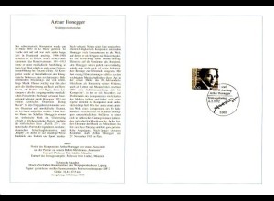 D,Bund Blatt 7/92 Arthur Honegger, Komponist (Marke MiNr.1596)