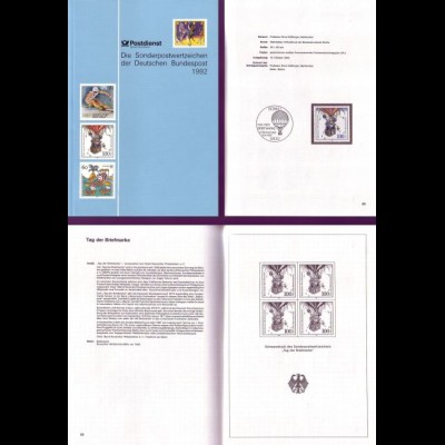 D,Bund Jahrbuch 1992 mit den Sondermarken in Taschen + Schwarzdruck