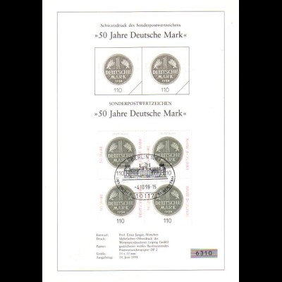 D,Bund Privater Schwarzdruck + Viererblock, gest., der MiNr. 1996, 50 Jahre Deutsche Mark