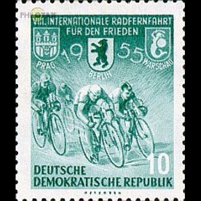 D,DDR Mi.Nr. 470 Int. Friedensfahrt, Radrennfahrer, Wappen 3 Haupstädte (10)