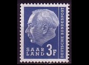 D, Saar, Mi.Nr. 410 Heuss (II) mit Währungsbezeichnung (3 Fr)