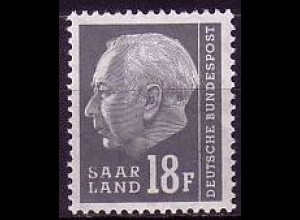 D, Saar, Mi.Nr. 416 Heuss (II) mit Währungsbezeichnung (18 Fr)