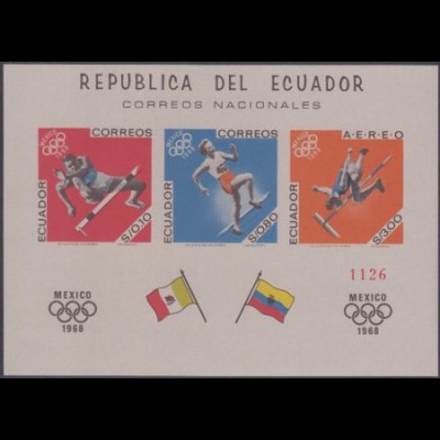 Ecuador Mi.Nr. Block 38B Olympia 68 Mexiko, Hürdenlauf, Laufen, Hochsprung 