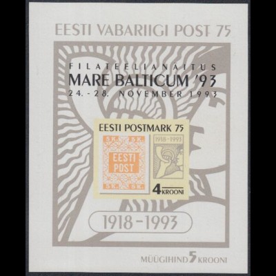Estland Mi.Nr. Block 6 75Jahre estn.Briefmarken, Bl.5 m.Aufdr. Mare Balticum '93