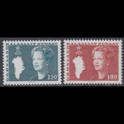 Grönland Mi.Nr. 134-35 Freim. Königin Margrethe II, Landkarte (2 Werte)