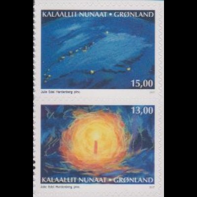 Grönland MiNr. 773-74 Weihnachten, Kerze, Grönland b.Nacht a.Weltraum,skl (2 W.)