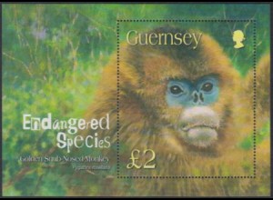 Guernsey Mi.Nr. Block 36 Gefährdete Tiere, Goldstumpfnase, Jahr des Affen