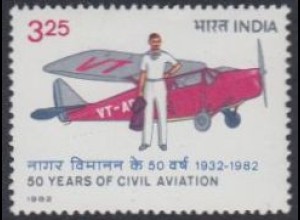 Indien Mi.Nr. 919 50Jahre zivile Luftfahrt, Flugzeug Puss Moth (3,25)